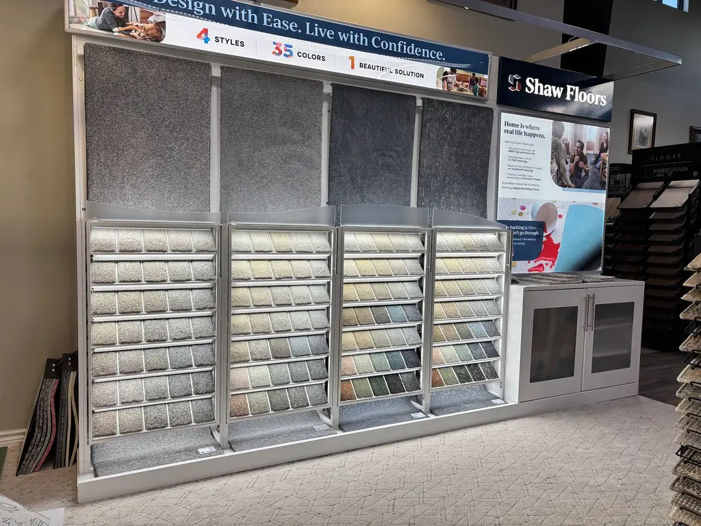 Shaw Floors carpet display wall in the Bell County Flooring showroom in Belton